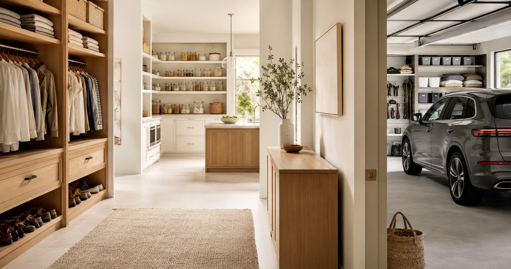 A warm modern home connecting an organized family closet, pantry and garage